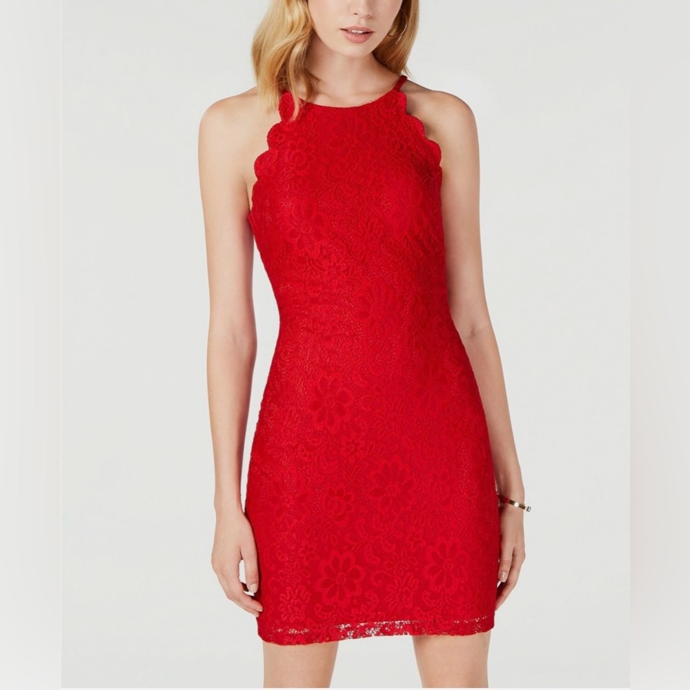by & by Red Lace Scalloped Mini Dress
